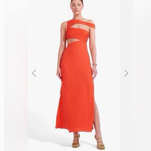 STAUD Prismatic Dress with cut-out Side Slit Off Shoulder Papaya Orange Size 6 - Picture 1 of 14